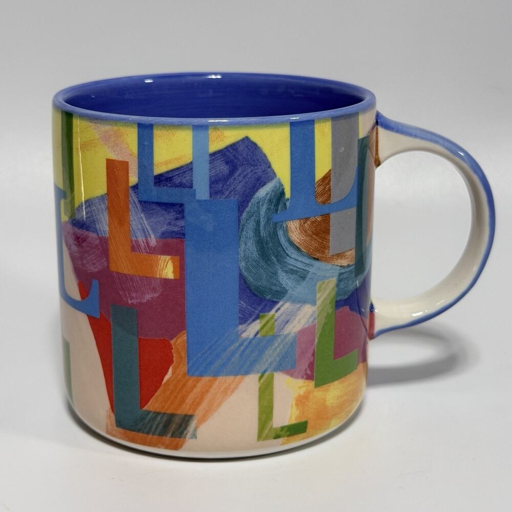 Anthropologie Lottie Collage L Monogram Initial Letter Mug Blue Colorful 16 oz